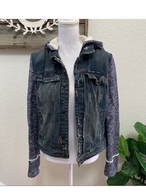 Free People Dark Blue Denim Jacket with Heathered Navy Knit Sleeves